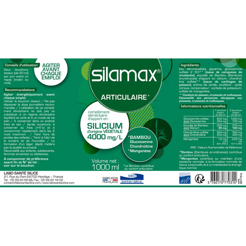 SILAMAX 4000 MG/L Energie Articulaire, silicium d'origine végétale, bambou, glucosamine, chondroitine, manganèse - kazarimed